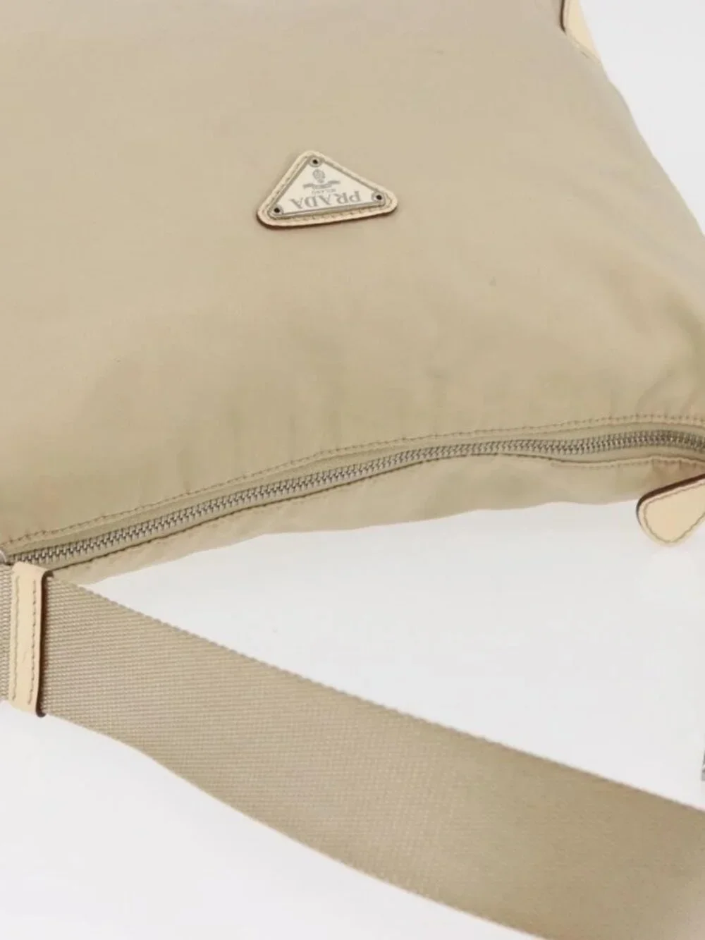 PRADA Shoulder Bag Nylon Beige Silver Auth ka4019